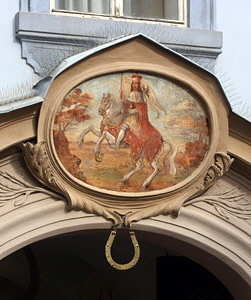 Czech Rep, PRAGUE, Mala Strana, Nerudova Street, house signs, CZ1557JPL 300 deep