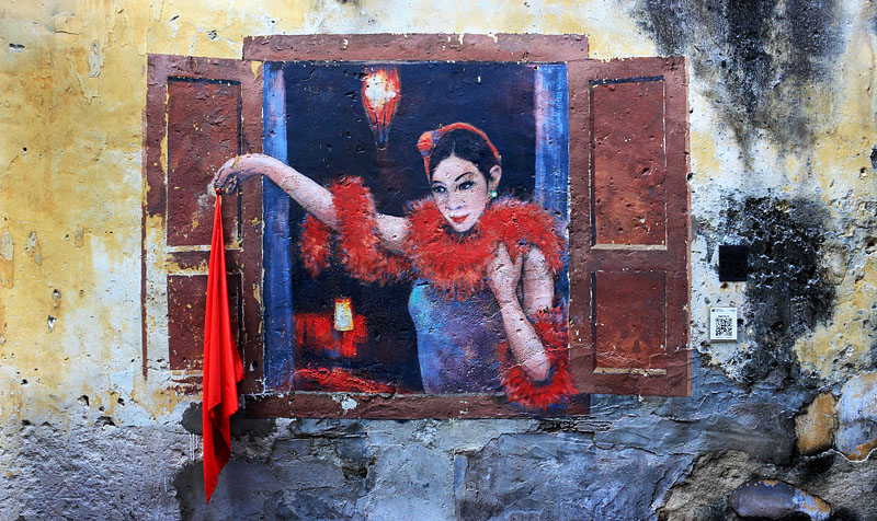 Malaysia, KUALA LUMPUR, Street Art, Petaling St, Kwai Chai Hong alleyway, 'Lady in Red' mural, MSA1211JPL 800