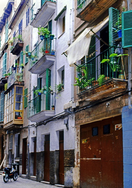 MALLORCA, Palma, old town street, houses with balconies, SPN1245JPL A 466 deep