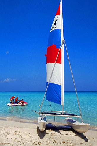 CUBA, Varadero, beach with catamaran sail boat, watersports, CUB241JPL 490 deep