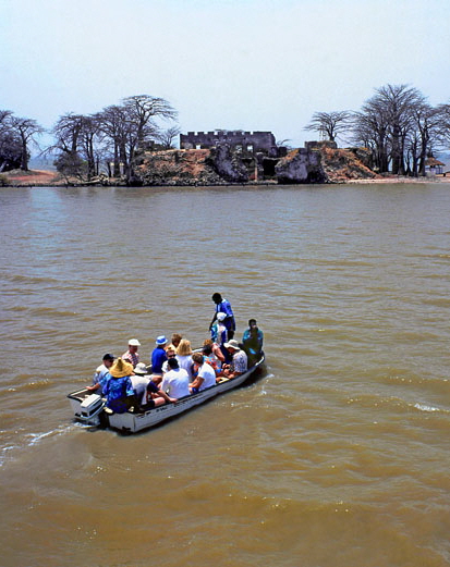 GAMBIA, River Gambia, Fort James Island, tourists in boat, GAM877JPL A 521 deep