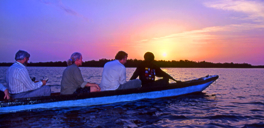 GAMBIA, River Gambia, tourists in dug out canoe (pirogue) on bird watching tour at dawn, GAM925JPL A  884