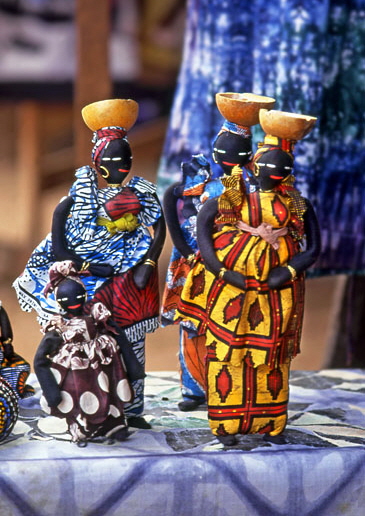 GAMBIA, crafts, African style stall (Bengdulla), hand made dolls in Batik cloths, GAM891JPL A 365