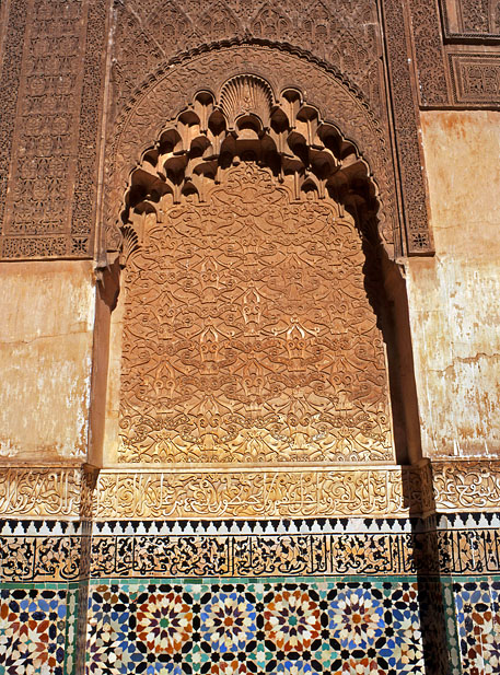 MOROCCO, Marrakesh, Ben Youssef Merdersa (16th cent Koranic school), plaster & tile mosaics, MOR353JPL A 617 deep