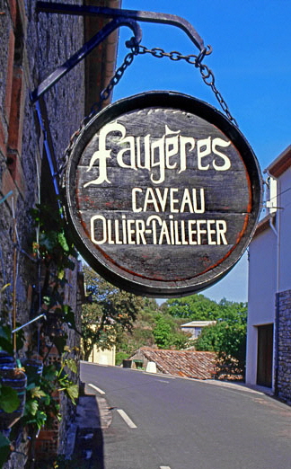 Faugeres Village, wine cellar sign, FRA613JPLA   350 wide