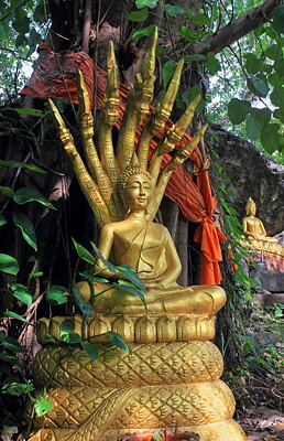 LAOS, Luang Prabang, Phousi Hill, Buddha sheltered by multi headed serpent, LAO188JPL 400 deep