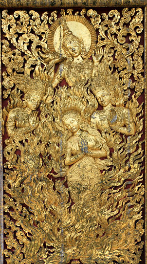 LAOS, Luang Prabang, Wat Xiengthong, carriage house, gilded panels, LAO545JPL 540 deep