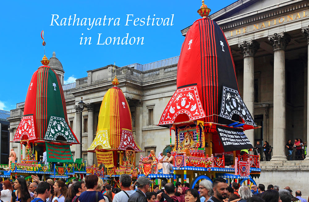 UK, LONDON, Hare Krishna, Rathayatra Festival, the three chariots at Trafalgar Square, UK30200JPL A 1000