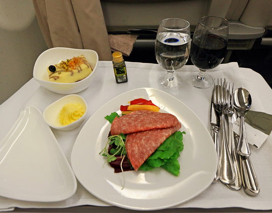 Asiana Airlines, Airbus A330, Business Class, dinner, starter, Seoul to Phuket,  A650