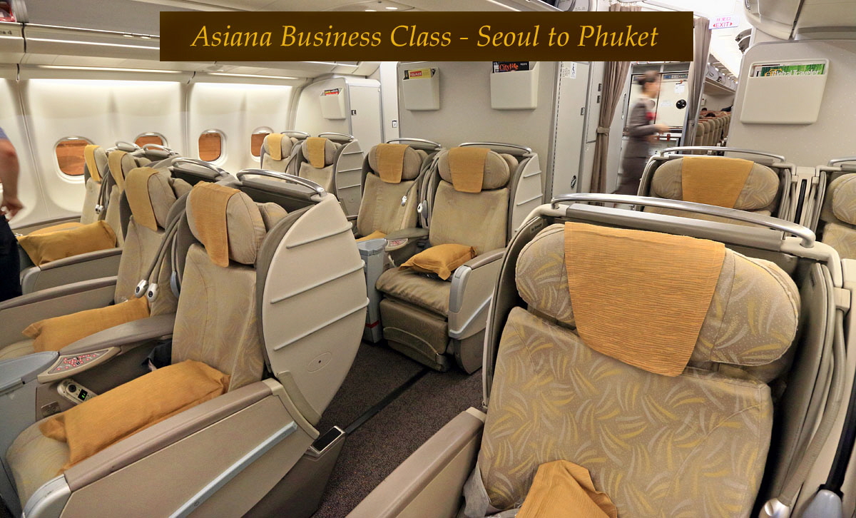 Asiana Airlines, Airbus A330, Business Class cabin, Seoul to Phuket,  captiones