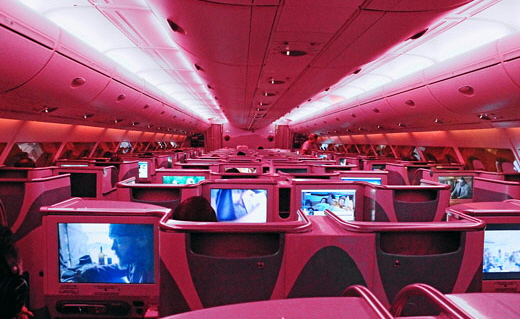 Emirates, A380, Business Class cabin, night lighting, Hong Kong to Dubai, 27 April 2016  4000 A 520