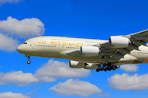 UK, LONDON, Heathrow Airport, landings, Etihad Airways, Airbus A380, UK42398JPL 300