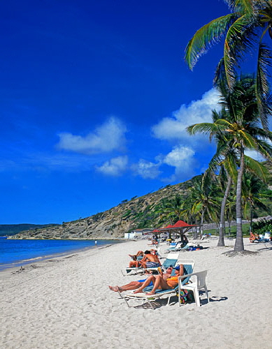 ANTIGUA, beach near St James's Club, and sunbathers, ANT1680JPL A 500 deep
