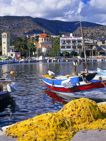 Greek Islands, CRETE, Elounda, town and harbourfront, fishing boats and nets, GIS1098JPL 370