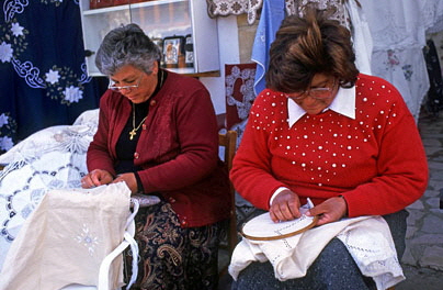 CYPRUS, Lefkara village, traditional Lace making, two women at work, CYP200JPL A 300 deep