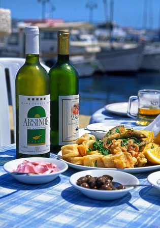 CYPRUS, Paphos, Kato Paphos, cafe table, with Fish Meze and Cyprus wine, CYP405JPL A 315