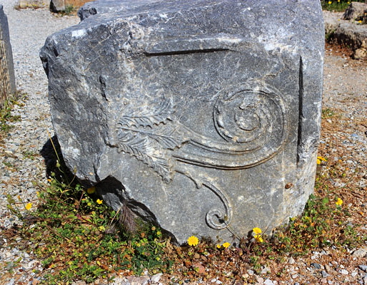 RHODES, Lindos, Acropolis site, bas relief carvings on fallen ruins, GIS1287JPL  400 deep