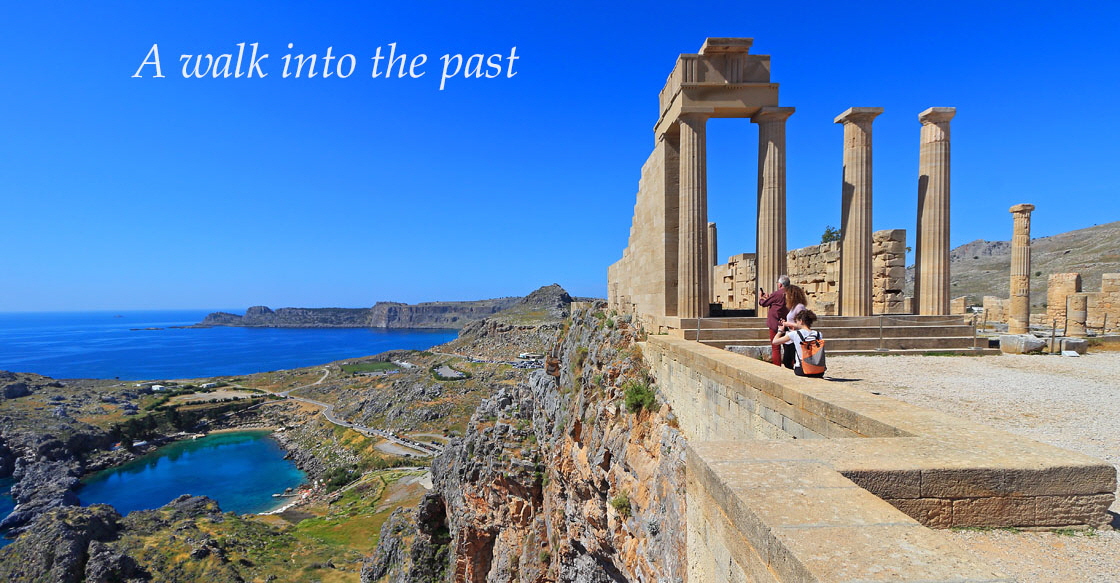 RHODES, Lindos, Acropolis site, ruins of the Temple of Athena, and St Paul's Bay, GIS1284JPL 1120