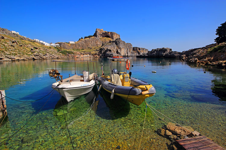 RHODES, Lindos, St Paul's Bay, and boats, GIS1258JPL 750