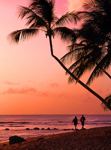 BARBADOS, West Coast, beach and couple walking, dusk, BAR523JPL A 500 deep