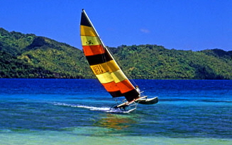 Matangi Island, seascape and sailboat, FIJ743JPL 350